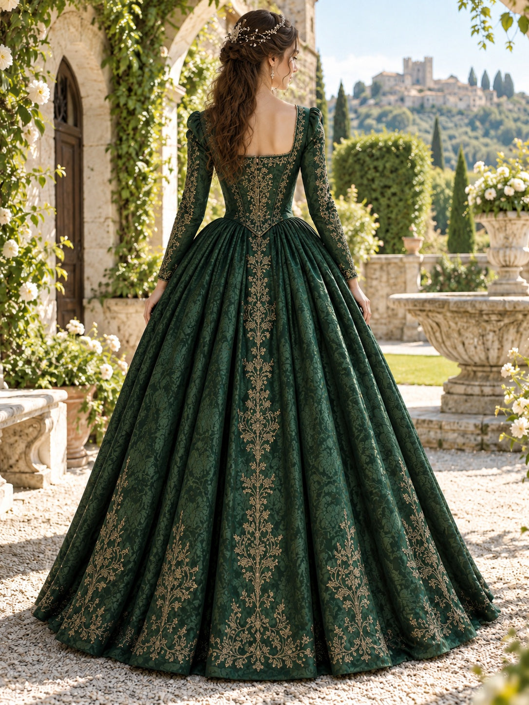 Vintage-Ballkleid im Renaissance- und Mittelalterstil aus Brokat in Dunkelgrün mit eckigem Ausschnitt