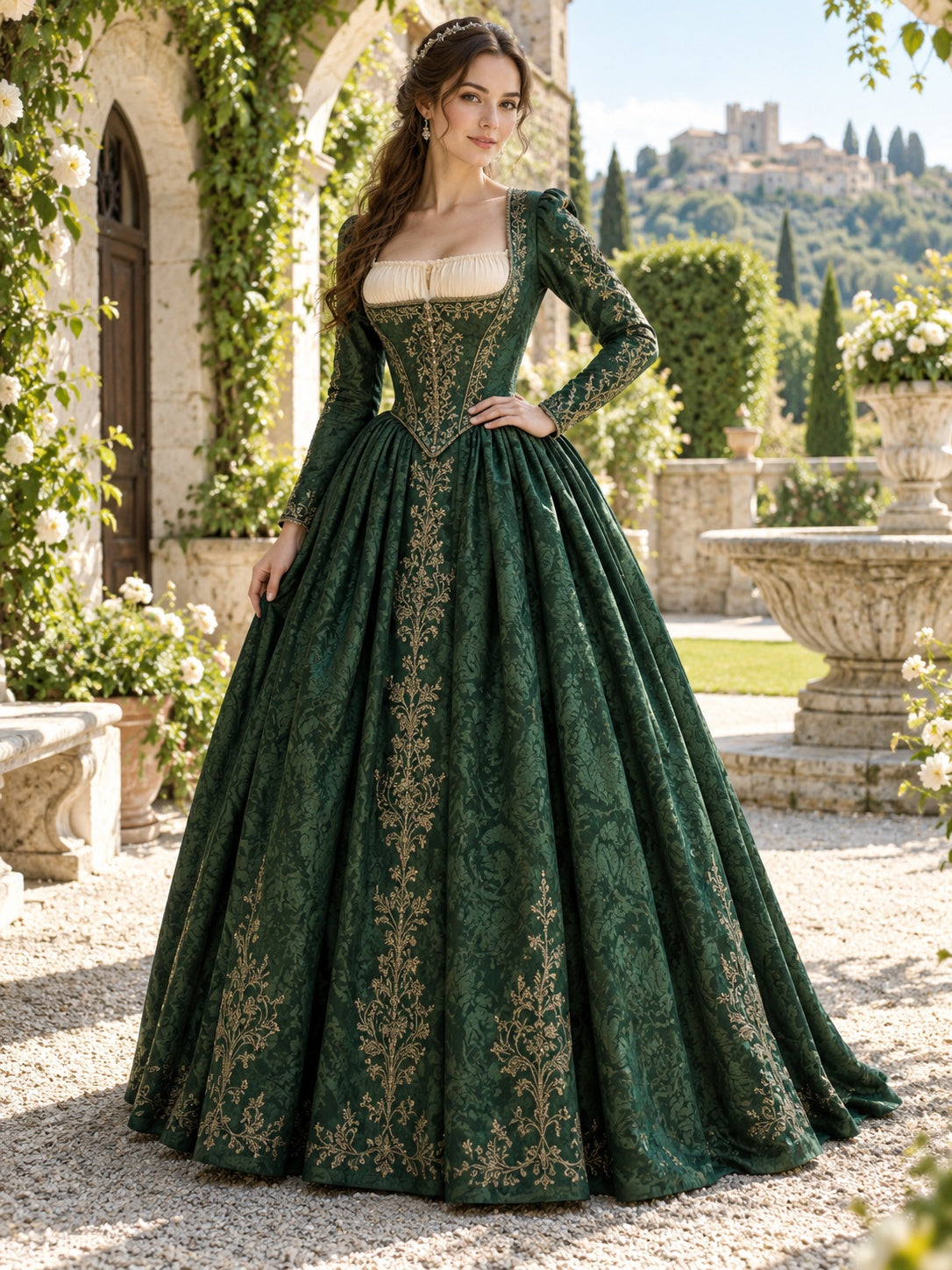Vintage-Ballkleid im Renaissance- und Mittelalterstil aus Brokat in Dunkelgrün mit eckigem Ausschnitt
