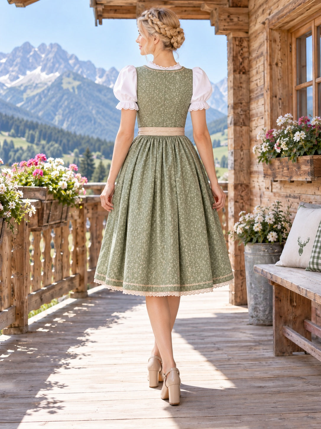 Vintage-Dirndl mit eckigem Ausschnitt, Puffärmeln, Knopfleiste und Schürze in Salbeigrün im Landhausstil