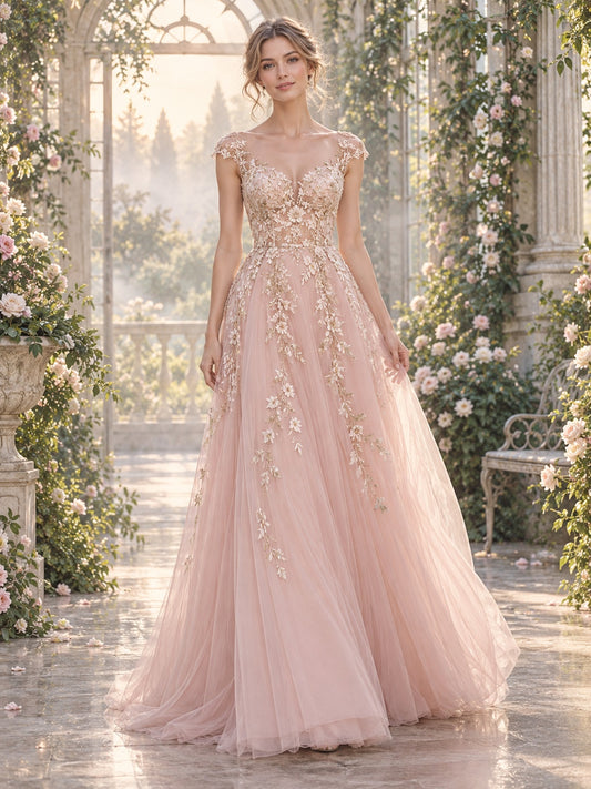 A-Linien-Abendkleid aus Tüll in Rosa mit floraler Applikation und Illusion-Cap-Ärmeln