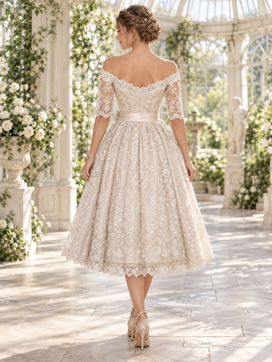 Teelanges Country-Brautkleid mit schulterfreiem Ausschnitt, Spitzenärmeln und Korsett-Dirndl-Stil