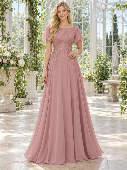 Dezenten, altrosa Chiffon-Ballkleid mit Rundhalsausschnitt und Spitzenärmeln