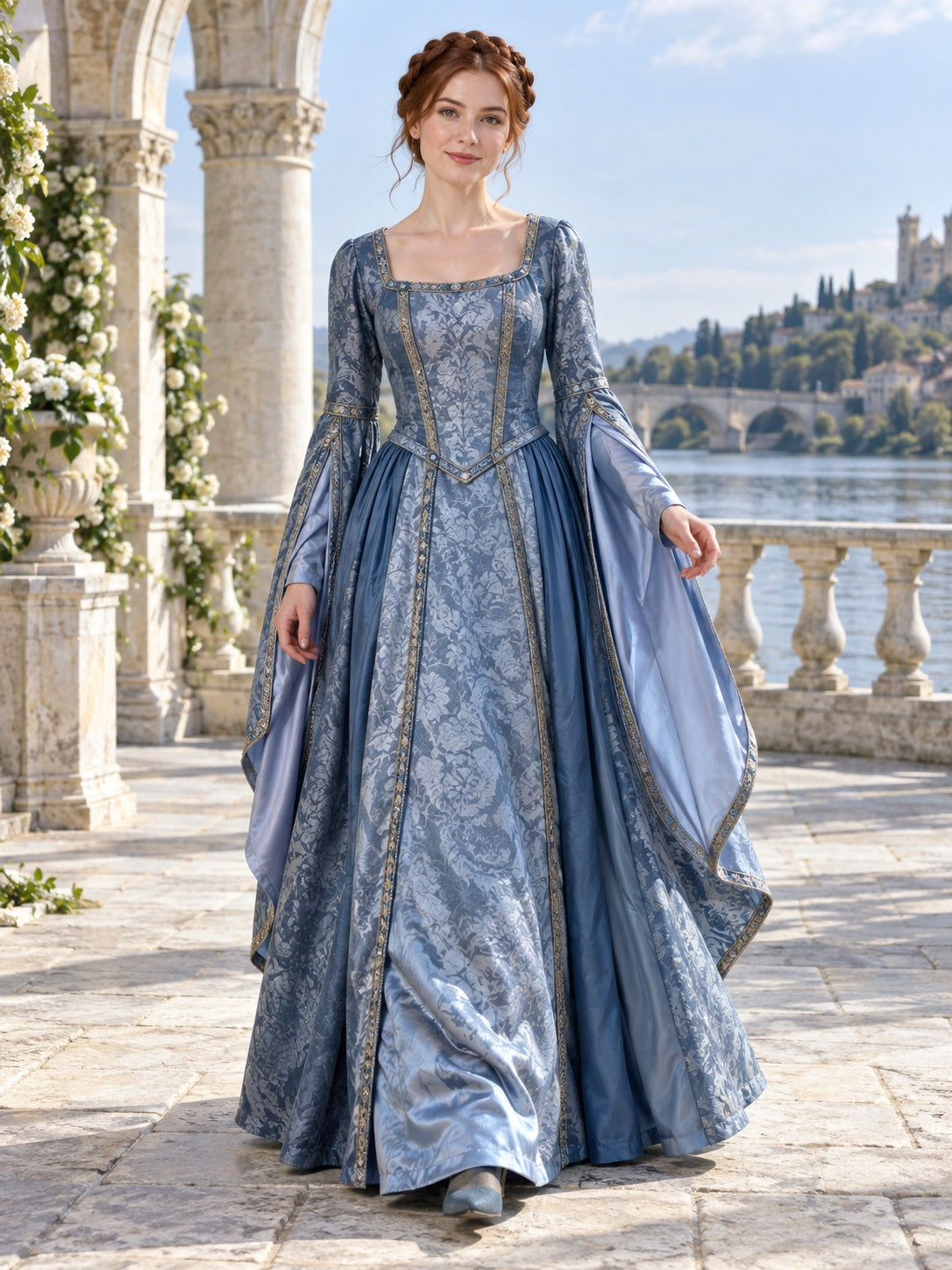 Stahlblaues Renaissance-Abendkleid mit langen Glockenärmeln und Brokatkorsett
