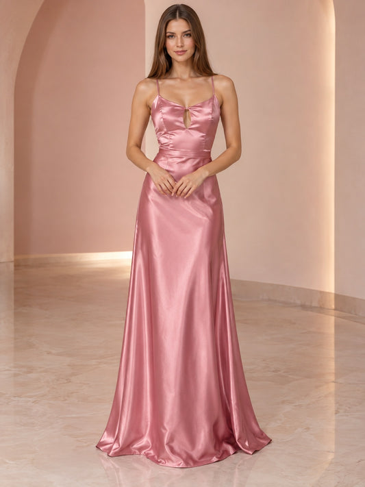 Vestido de graduación de satén en rosa antiguo, inspirado en los años 1970, corte recto, escote redondo, sin mangas y largo hasta el suelo
