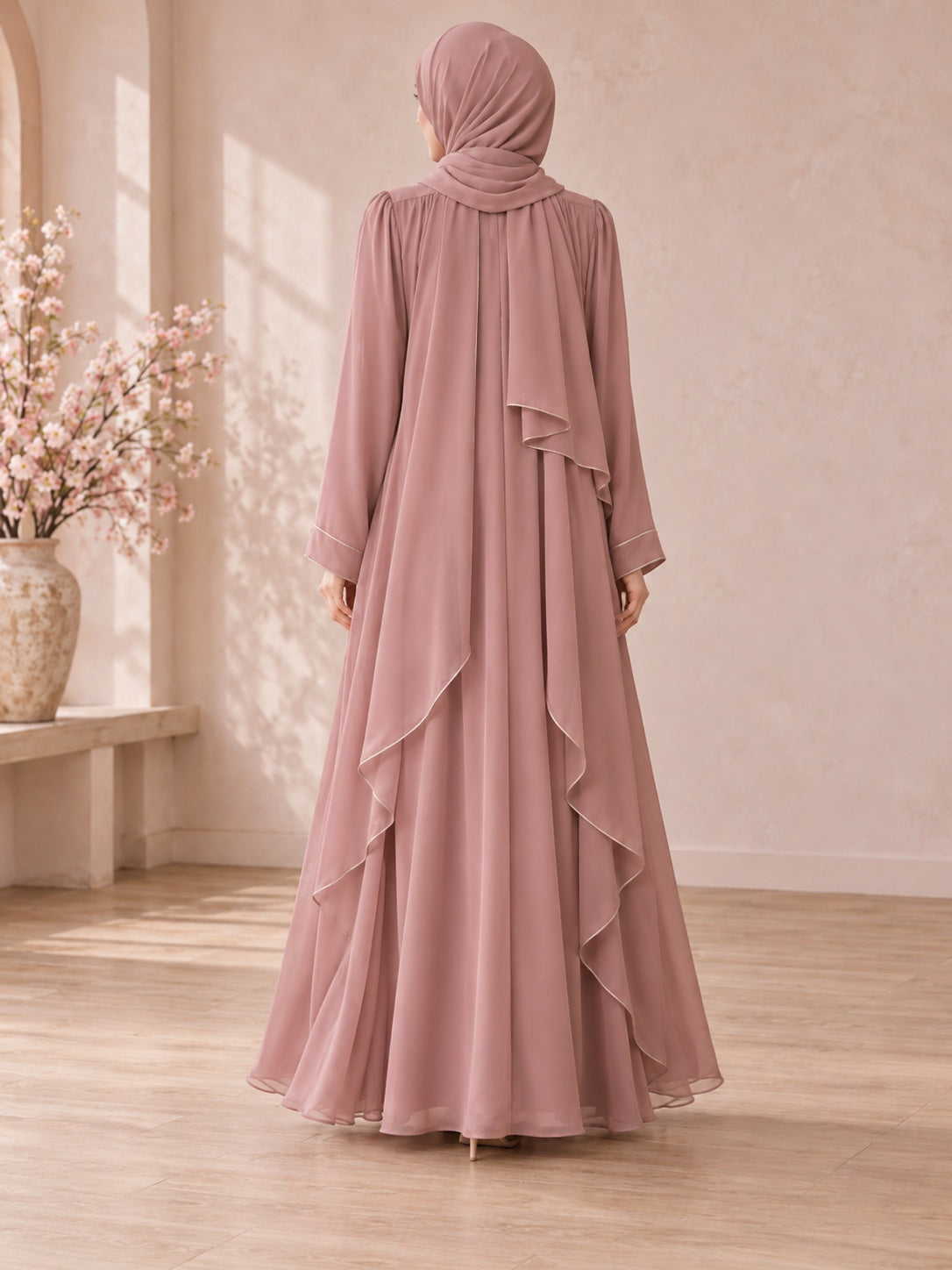 Dezentes, altrosa, fließendes, drapiertes, bodenlanges Abaya-Kleid mit langen Ärmeln