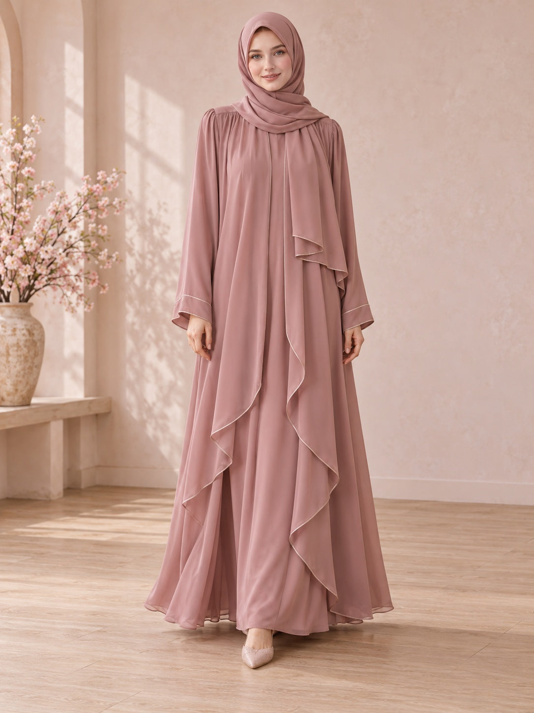 Dezentes, altrosa, fließendes, drapiertes, bodenlanges Abaya-Kleid mit langen Ärmeln