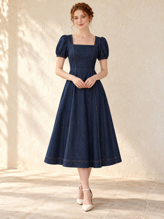 Robe Sobres Encolure Carrée En Denim Bleu Foncé À Manches Bouffantes Longueur Thé