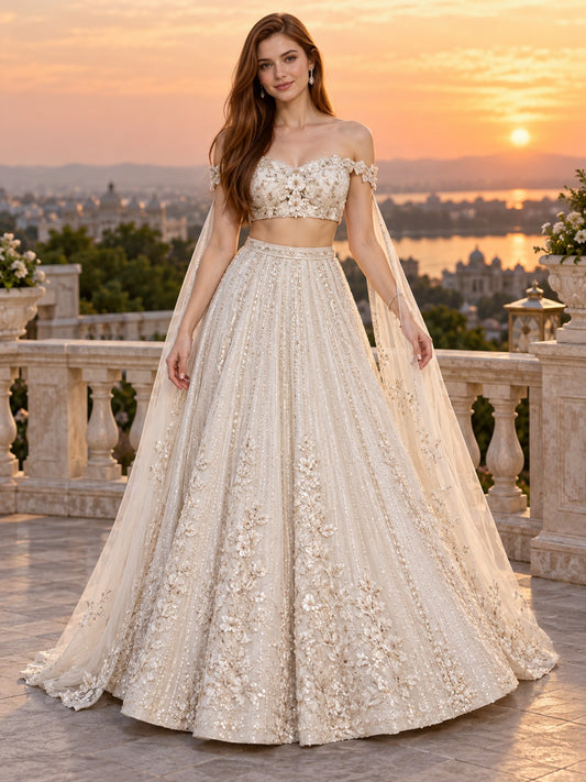Lehenga deux pièces ivoire à épaules dénudées, avec broderies florales et jupe ample