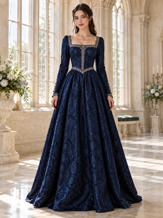 Vestido de graduación de brocado en azul marino oscuro, línea A, escote cuadrado, manga larga y cola corta