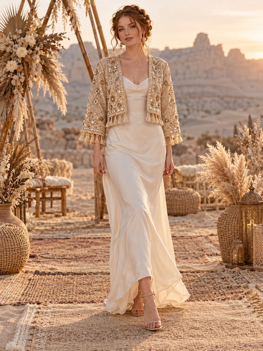 Vestido de novia de satén en marfil, corte recto, escote en V, manga tres cuartos y bajo asimétrico
