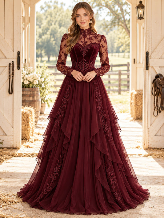 Western-Stil Ballkleid in Burgunderrot mit hohem Kragen und langen Spitzenärmeln