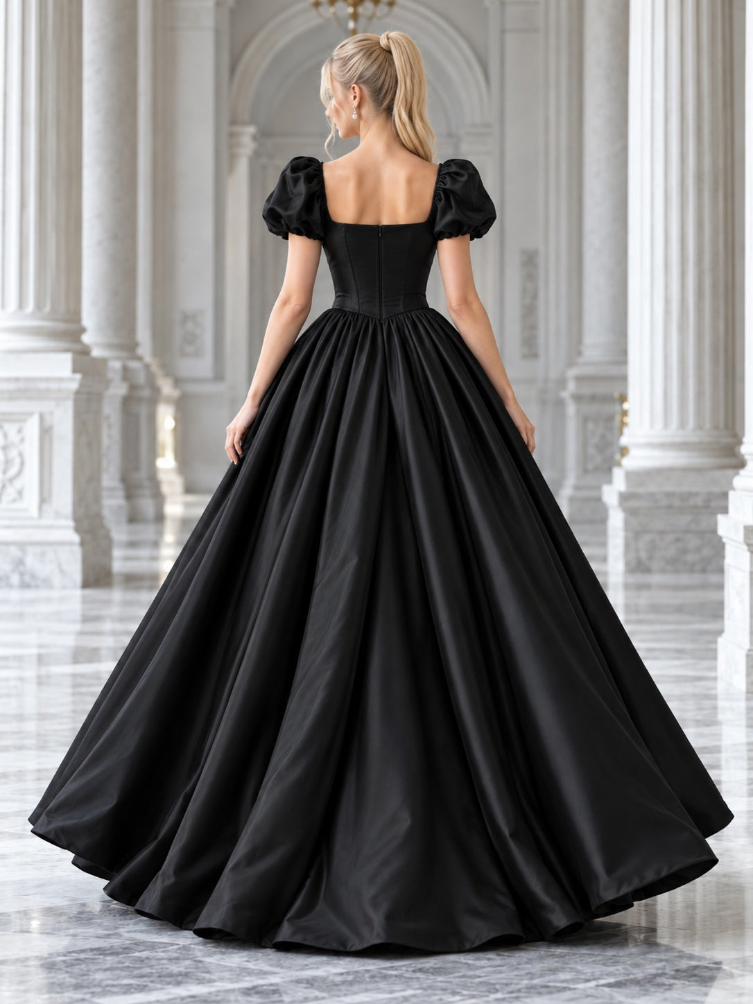 Schwarzes, bodenlanges Ballkleid aus Satin mit eckigem Ausschnitt und Puffärmeln