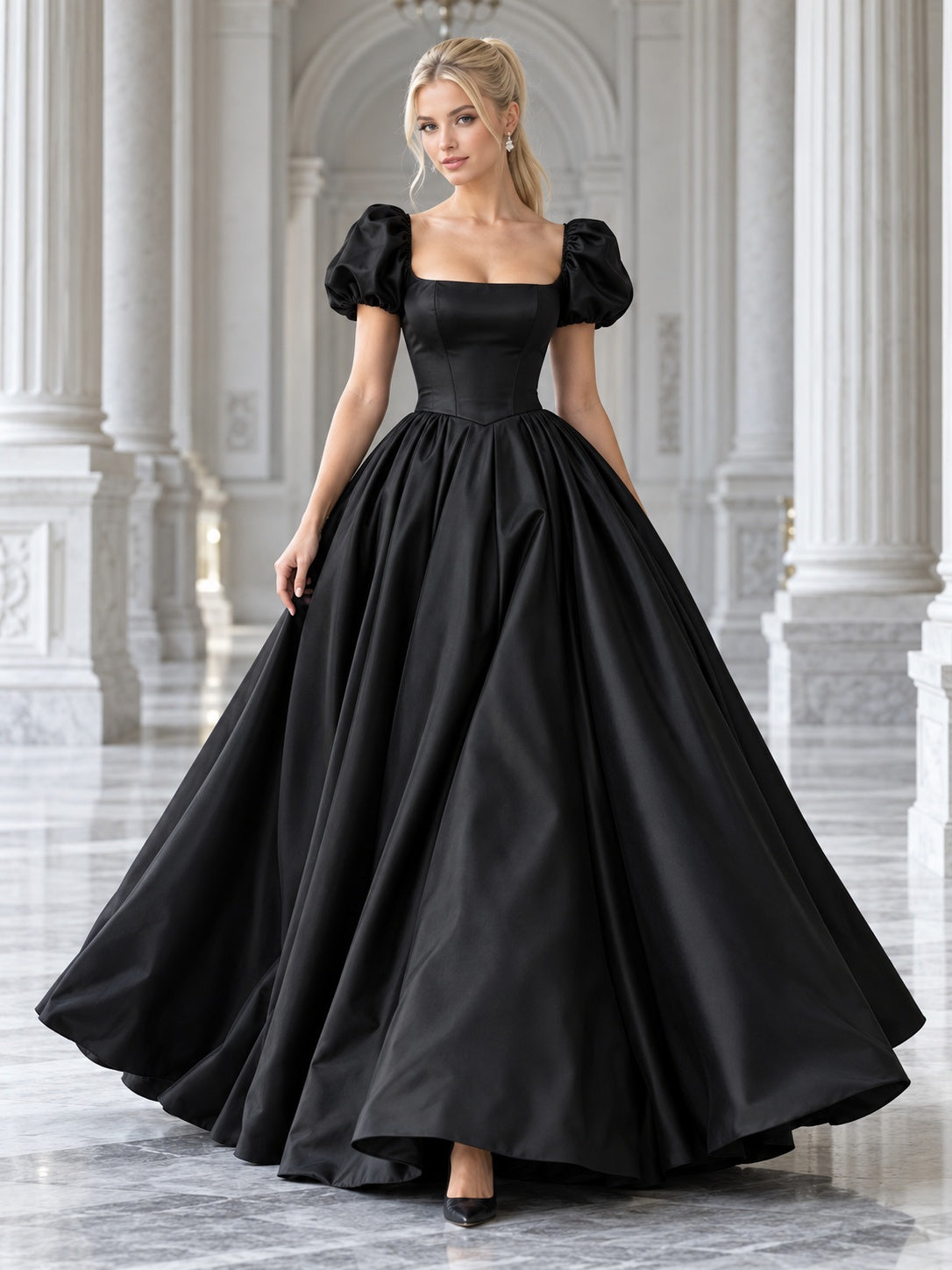 Schwarzes, bodenlanges Ballkleid aus Satin mit eckigem Ausschnitt und Puffärmeln