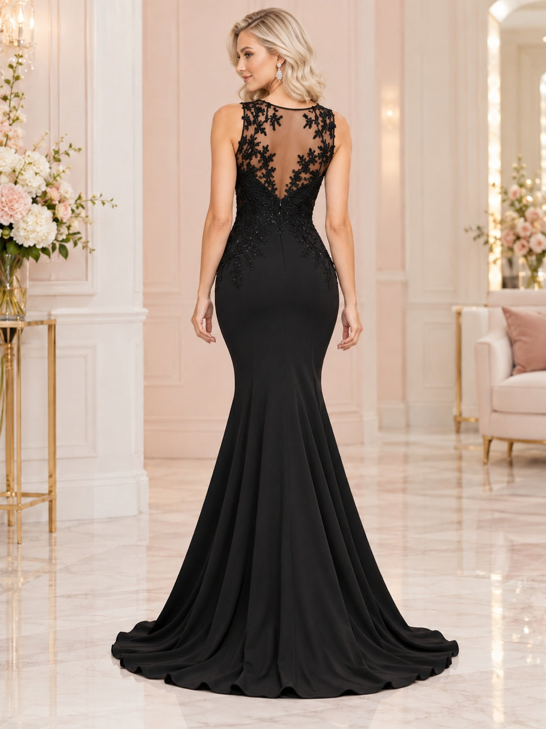 Schwarzes ärmelloses Abendkleid mit tiefem Illusionsausschnitt aus Spitze im Meerjungfrauenstil