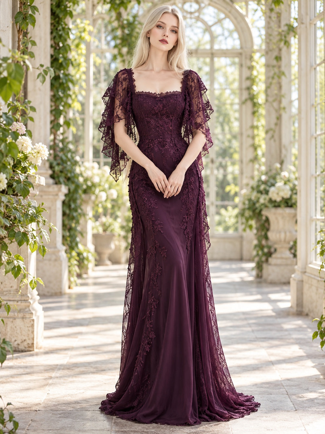 Abendkleid aus Pflaumenstoff mit eckigem Ausschnitt, Flatterärmeln und Spitze