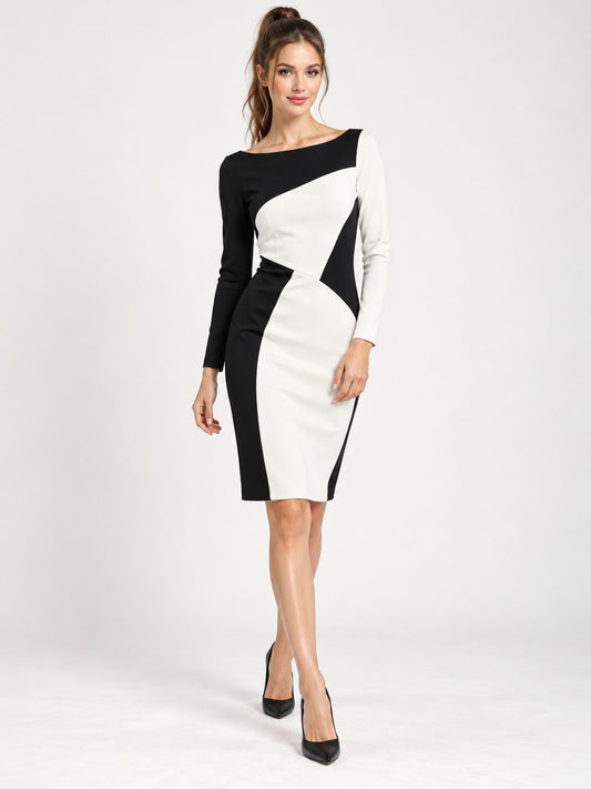 Vestido de cóctel en blanco, corte recto, escote barco, manga larga y largo a la rodilla