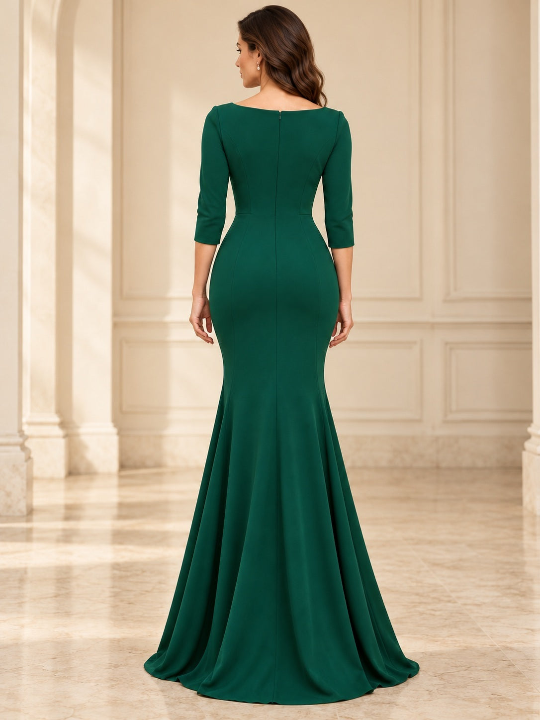 Mermaid Dark Green Bateau Neck Three Quarter Sleeve Simple Evening Gown — back view