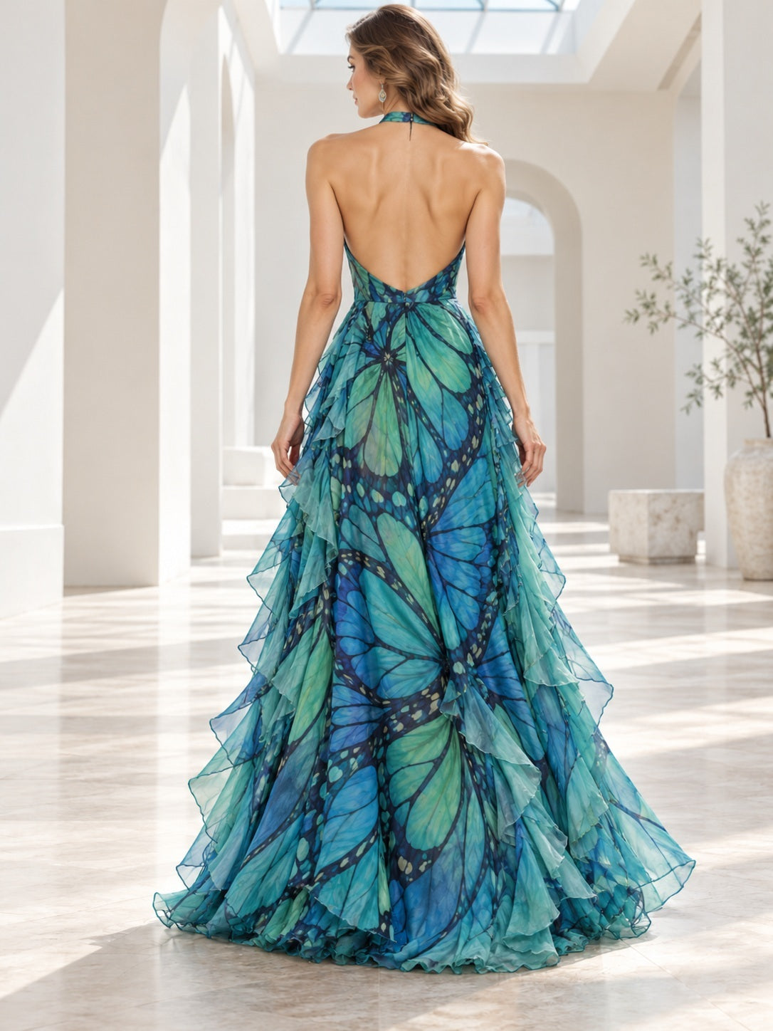 Turquoise Halter Butterfly Print Chiffon Asymmetric Sleeveless Ruffled Evening Dress — back view