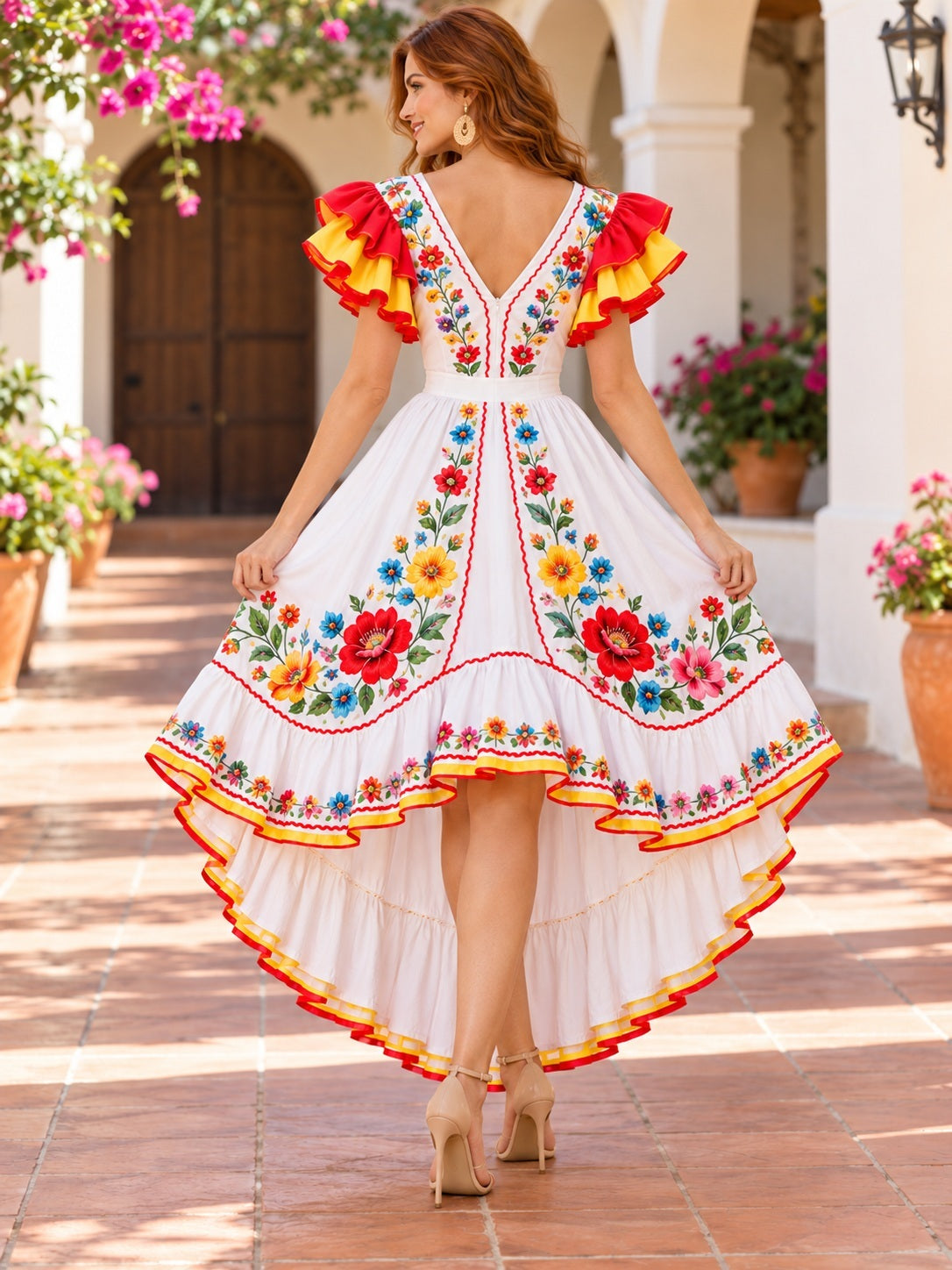 Asymmetrisches, florales A-Linien-Kleid in Elfenbein, Rot und Gelb mit Rüschen, V-Ausschnitt und Stickerei