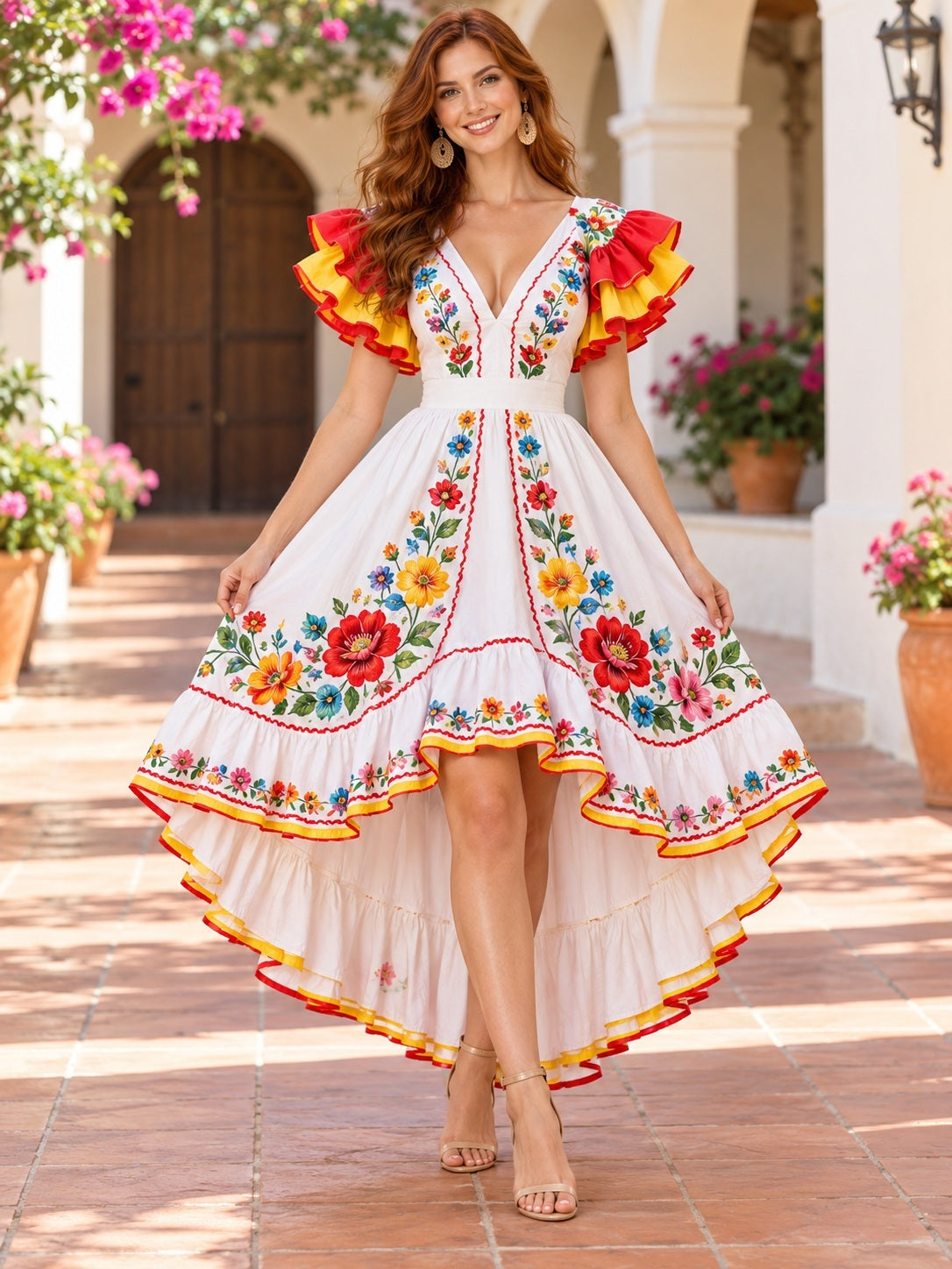 Asymmetrisches, florales A-Linien-Kleid in Elfenbein, Rot und Gelb mit Rüschen, V-Ausschnitt und Stickerei