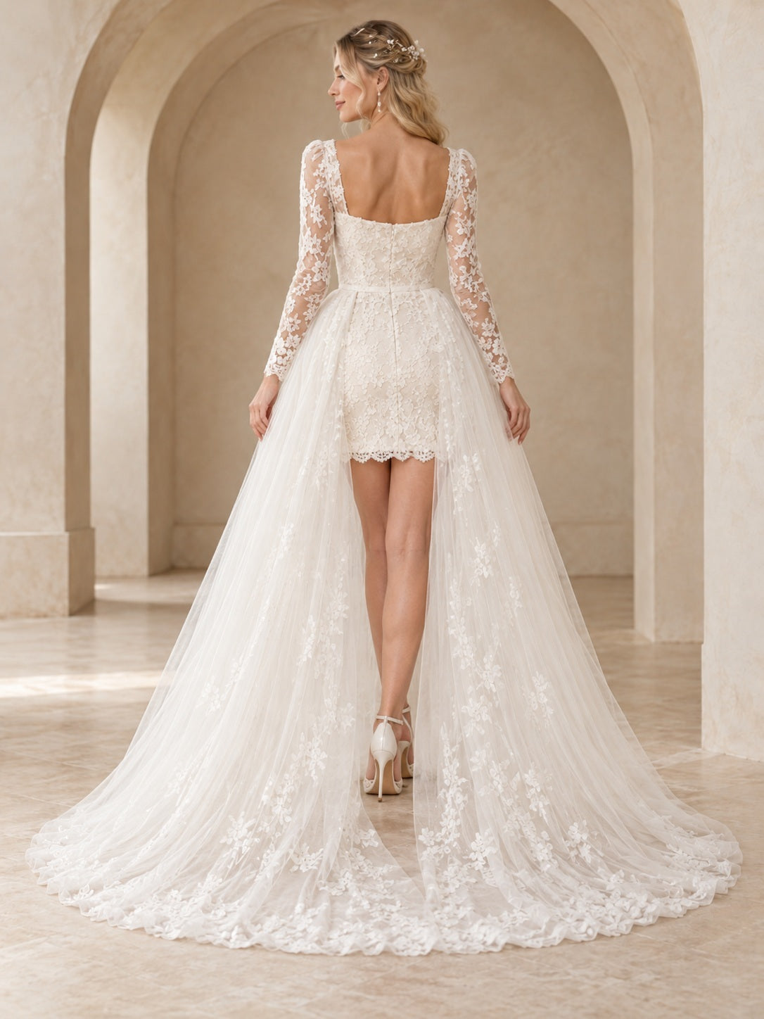 Short Long Sleeve Square Neck Lace Tulle Bridal Dress with Overskirt — back view