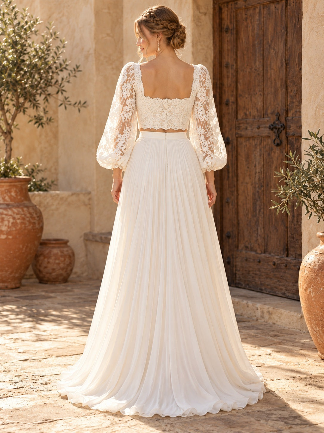 Two Piece Long Sleeve Boho Square Neck Lace Romantic Wedding Dress — back view