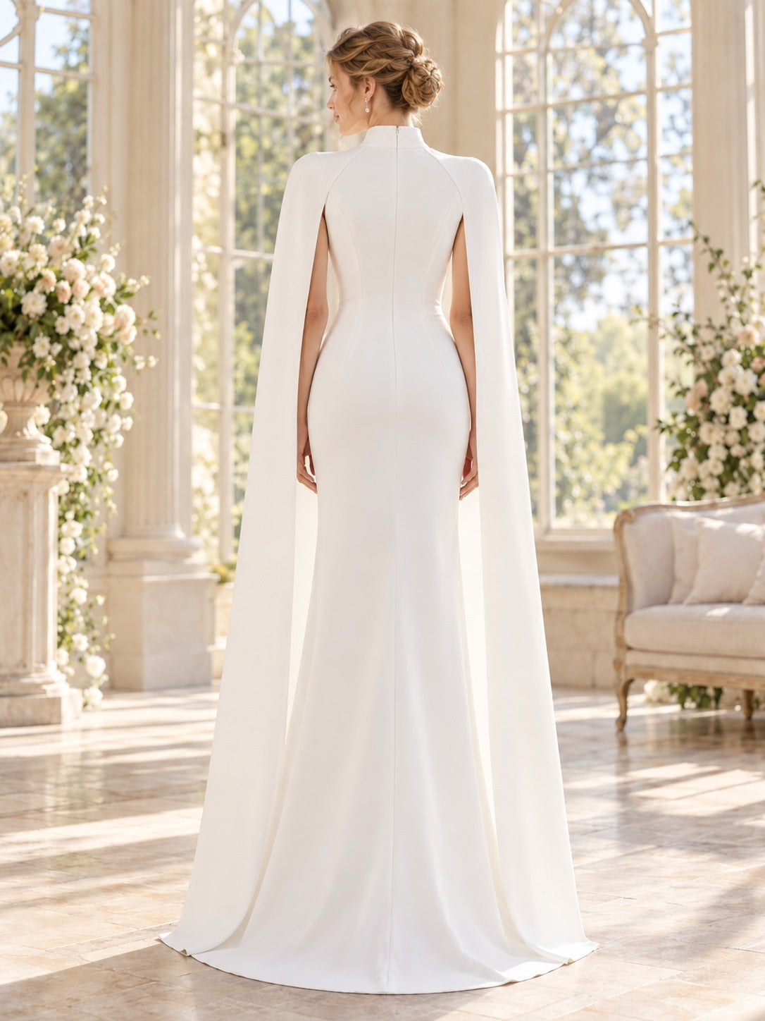 Schlichtes Brautkleid mit hochgeschlossenem Ausschnitt, fließendem langem Cape und figurbetontem Etui-Schnitt