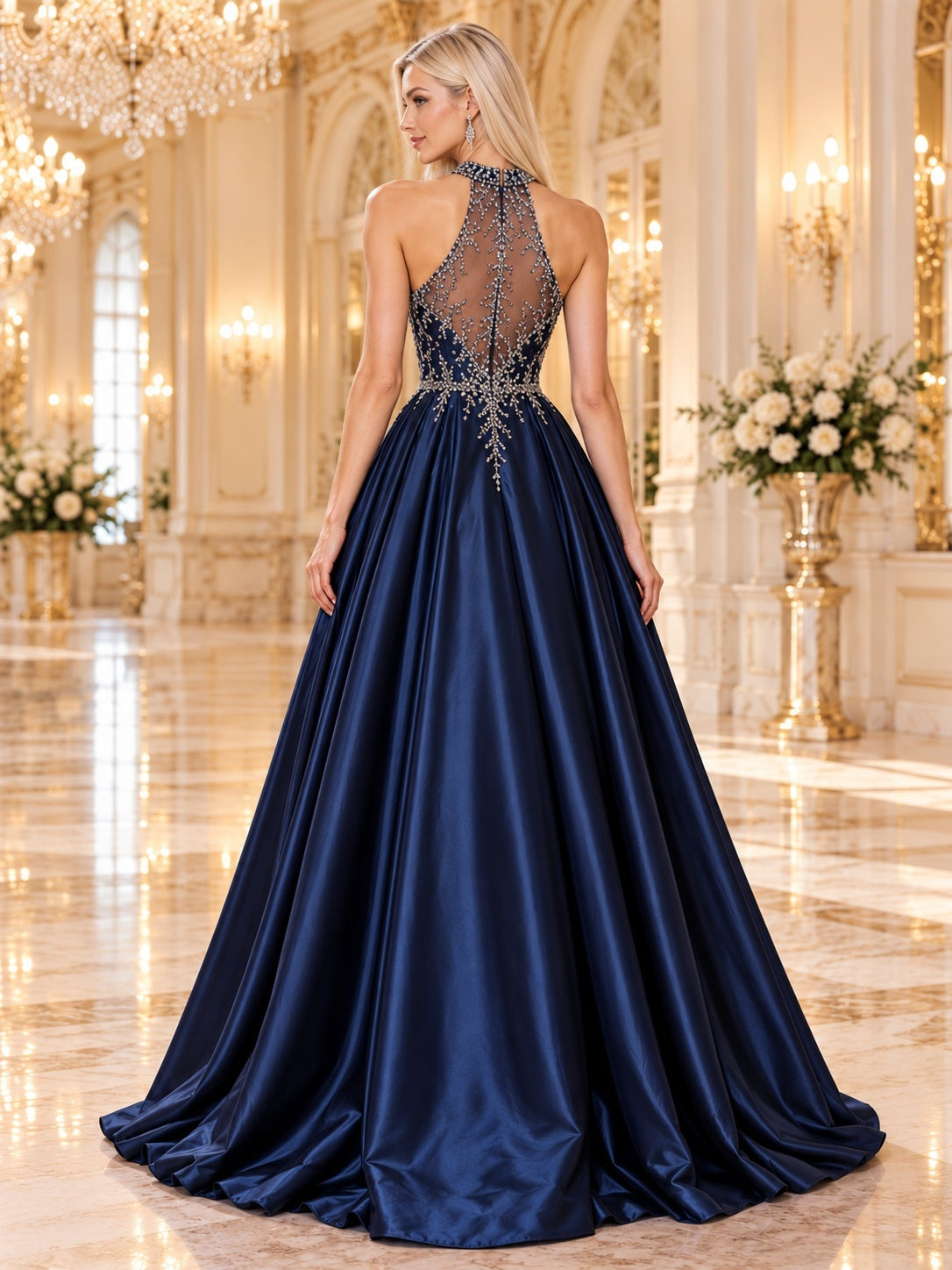 High Neck Dark Navy Halter Crystal Satin A-line Formal Prom Gown — back view