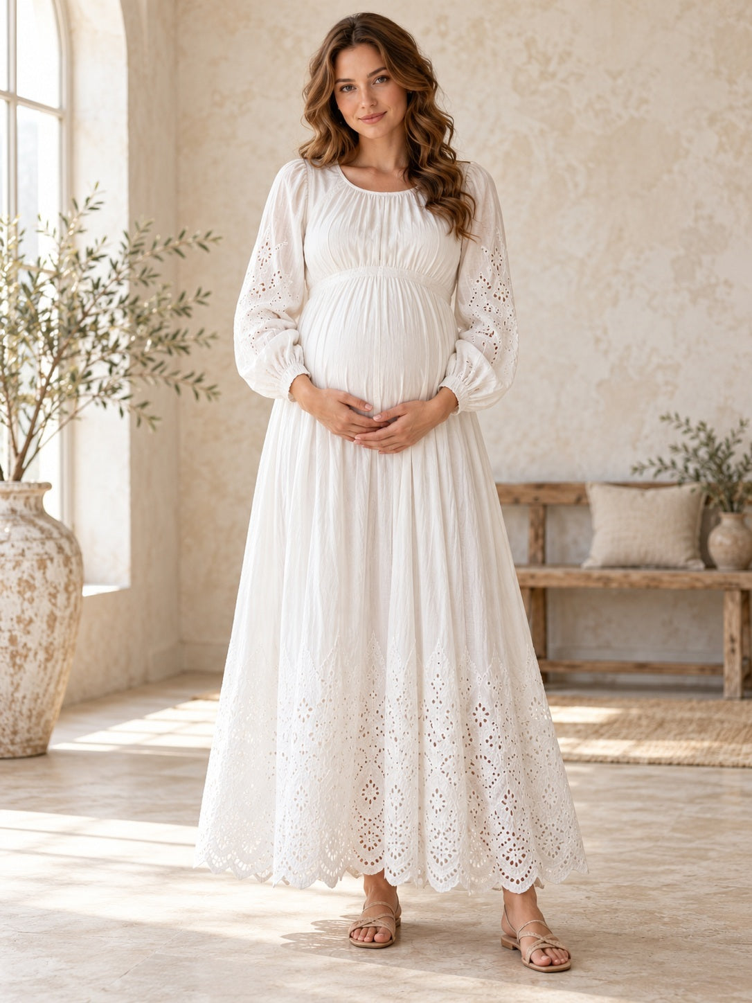 Maternity Long Sleeve Empire White Scoop Neck Cotton Eyelet Scalloped Ankle Dress — front view