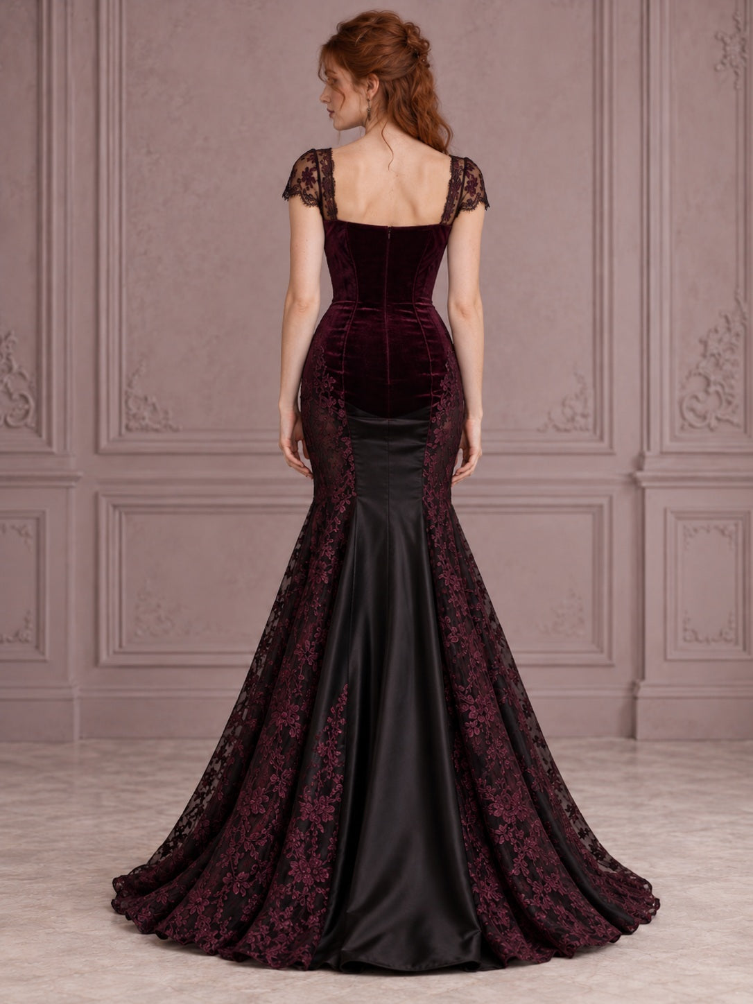 Mermaid Black Square Neck Burgundy Velvet Lace Cap Sleeve Paneled Gothic Prom Dress — back view