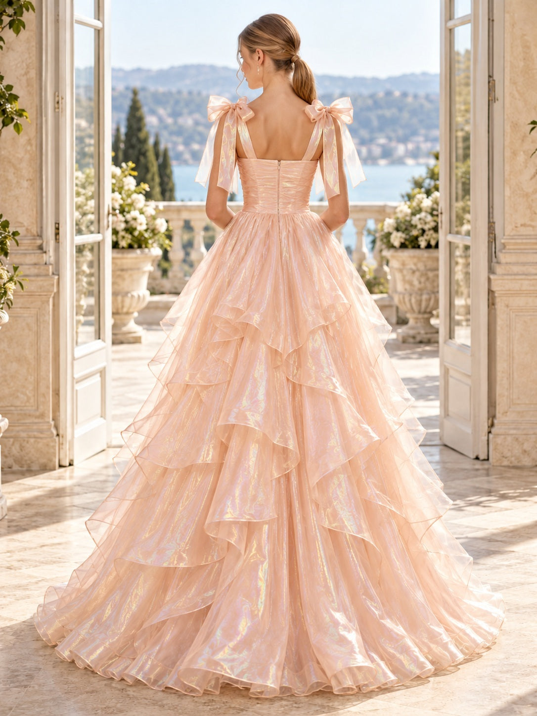 Square Neck Champagne Bow Strap Iridescent Tiered Organza Ball Gown — back view