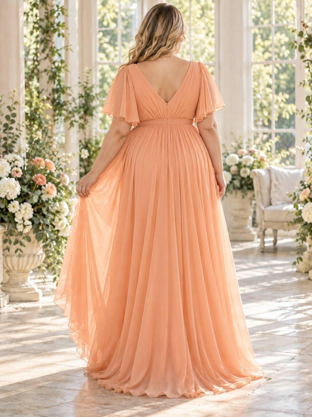 Plus Size Maternity Peach V Neck Flutter Sleeve Flowing Chiffon Dress — back view