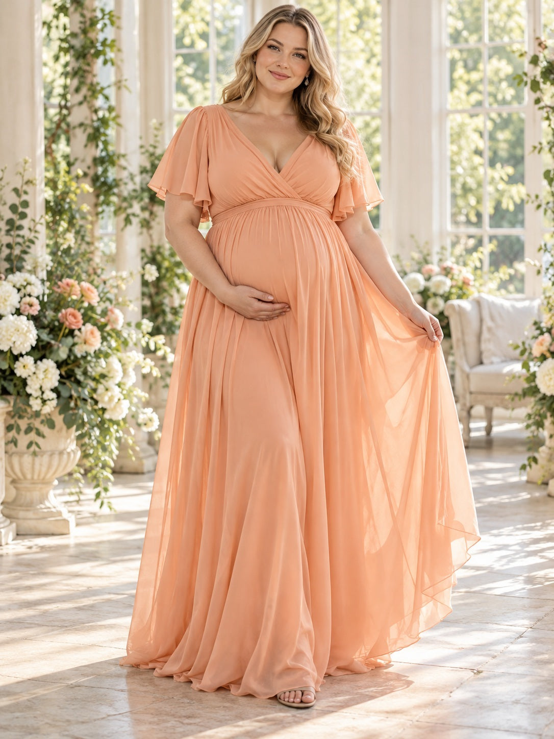 Plus Size Maternity Peach V Neck Flutter Sleeve Flowing Chiffon Dress — front view