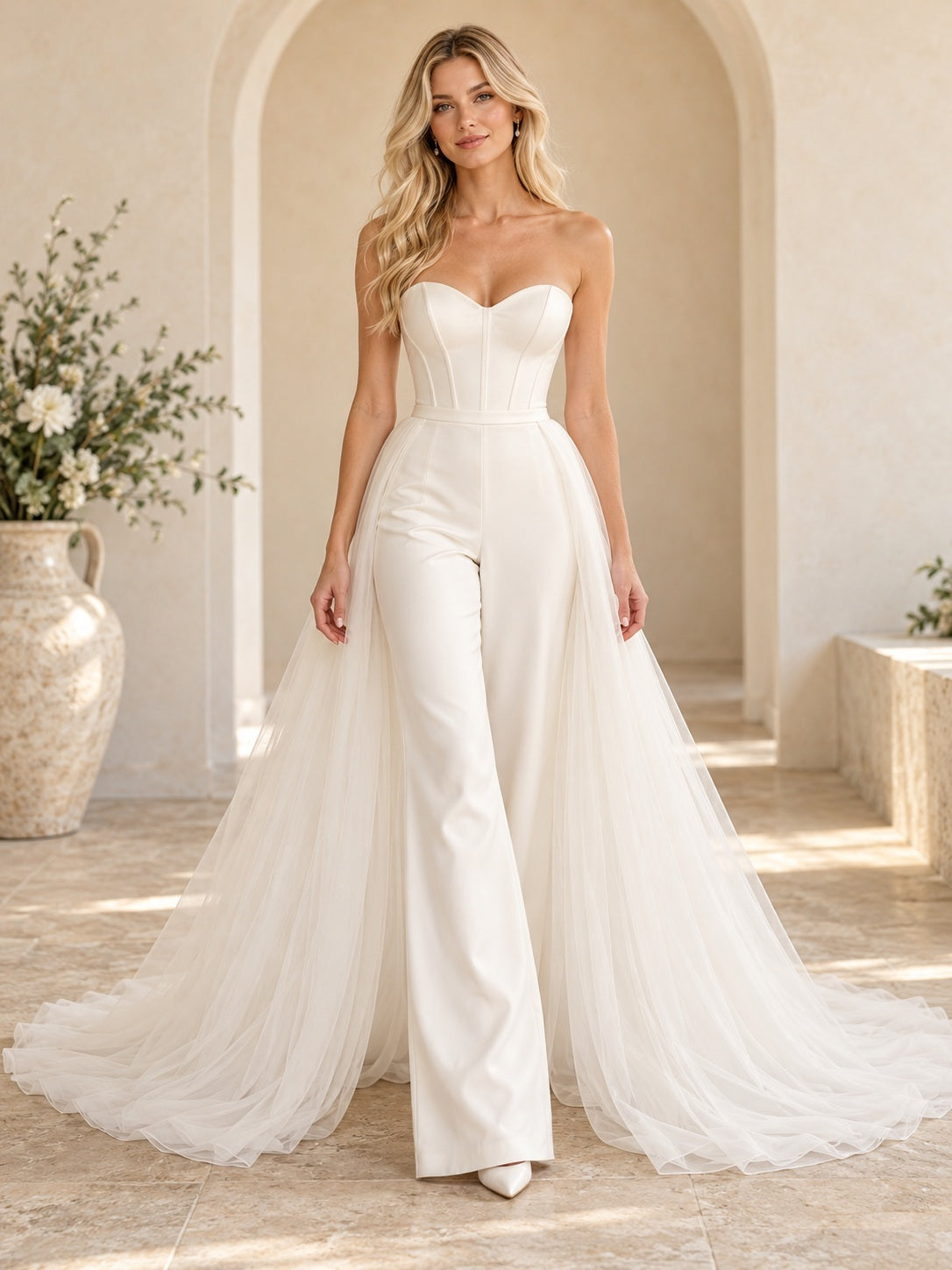 Simple Sweetheart Satin Strapless Bridal Jumpsuit With Flowing Tulle Train — front view