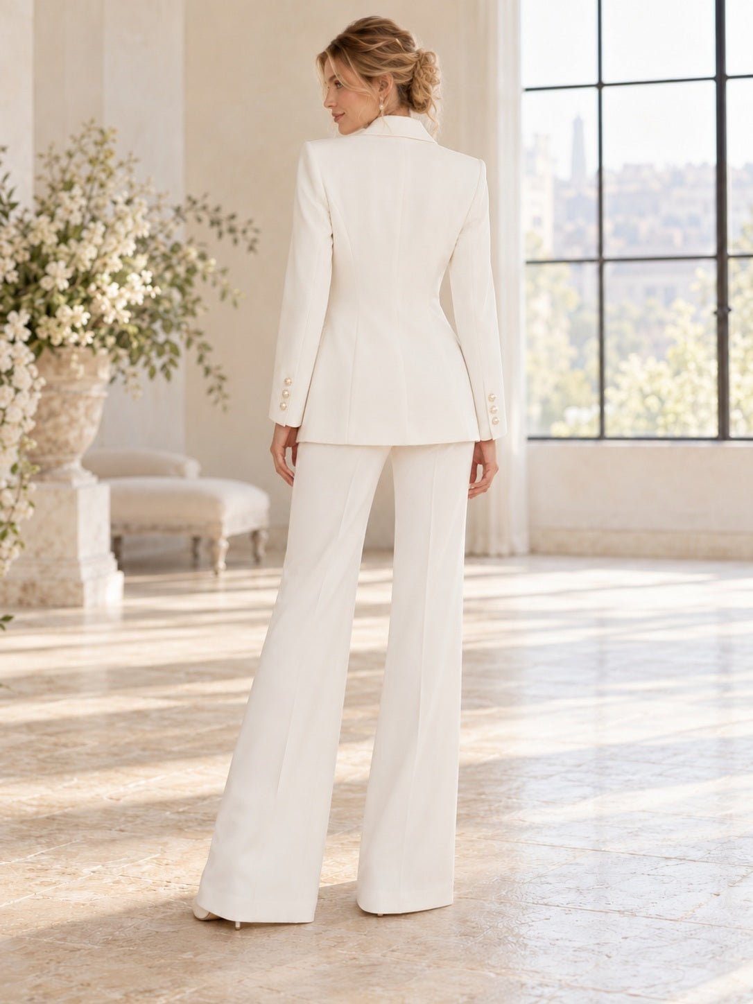 Simple Two Piece Long Sleeve V Neck Tailored Bridal Pantsuit — back view