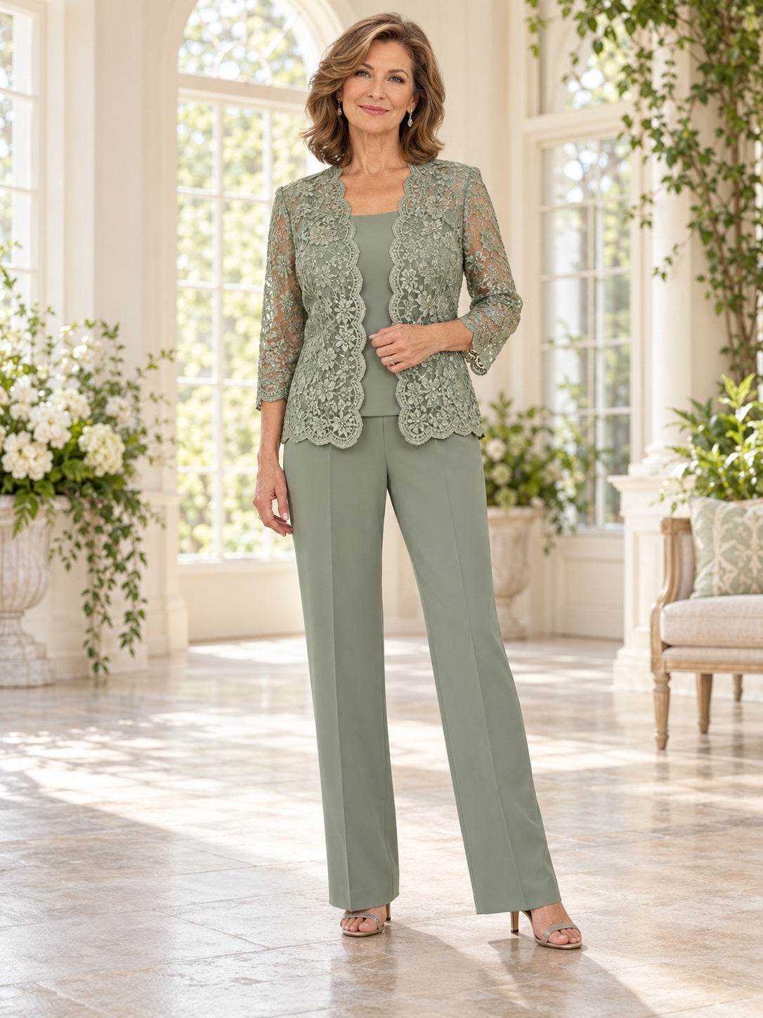 Sage Three Quarter Sleeve Scalloped Jacket Wide Leg Lace Mother Pantsuit — front view