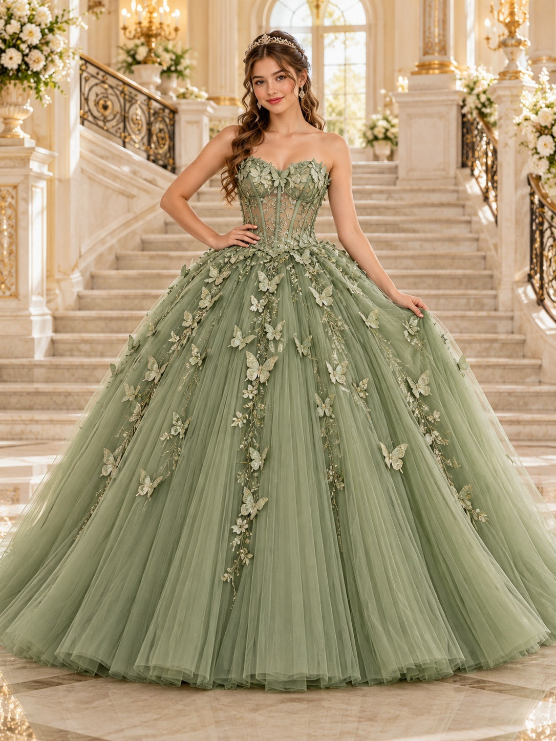 Vestido de quinceañera de tul y encaje en verde salvia, corte princesa, sin tirantes y escote corazón y largo hasta el suelo
