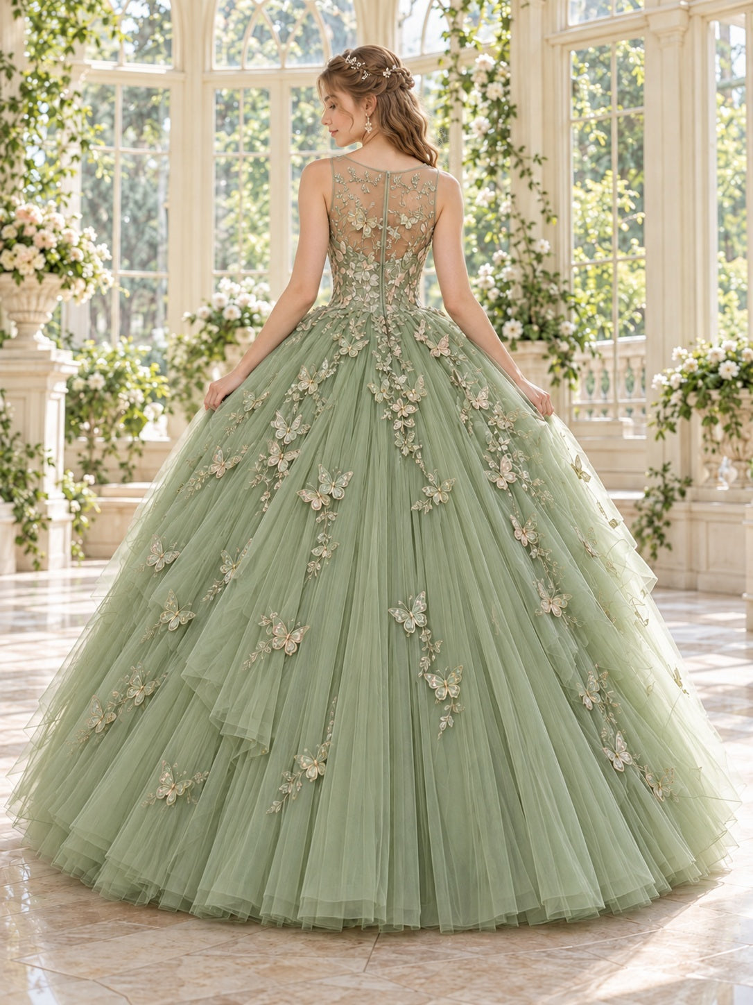 Salbeigrünes Quinceañera-Ballkleid mit Bateau-Ausschnitt, Illusionsdetail, Schmetterlingsapplikation und plissiertem Tüll