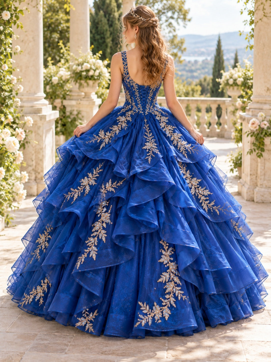 Square Neck Royal Blue Gold Ruffled Quinceanera Organza Ball Gown — back view