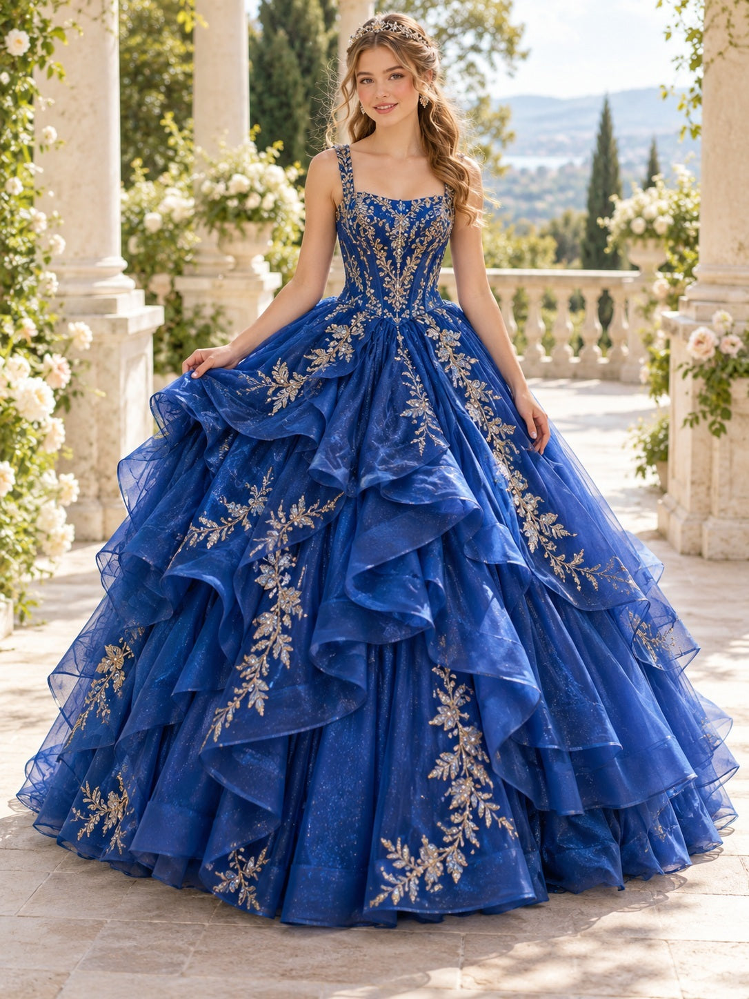 Square Neck Royal Blue Gold Ruffled Quinceanera Organza Ball Gown — front view