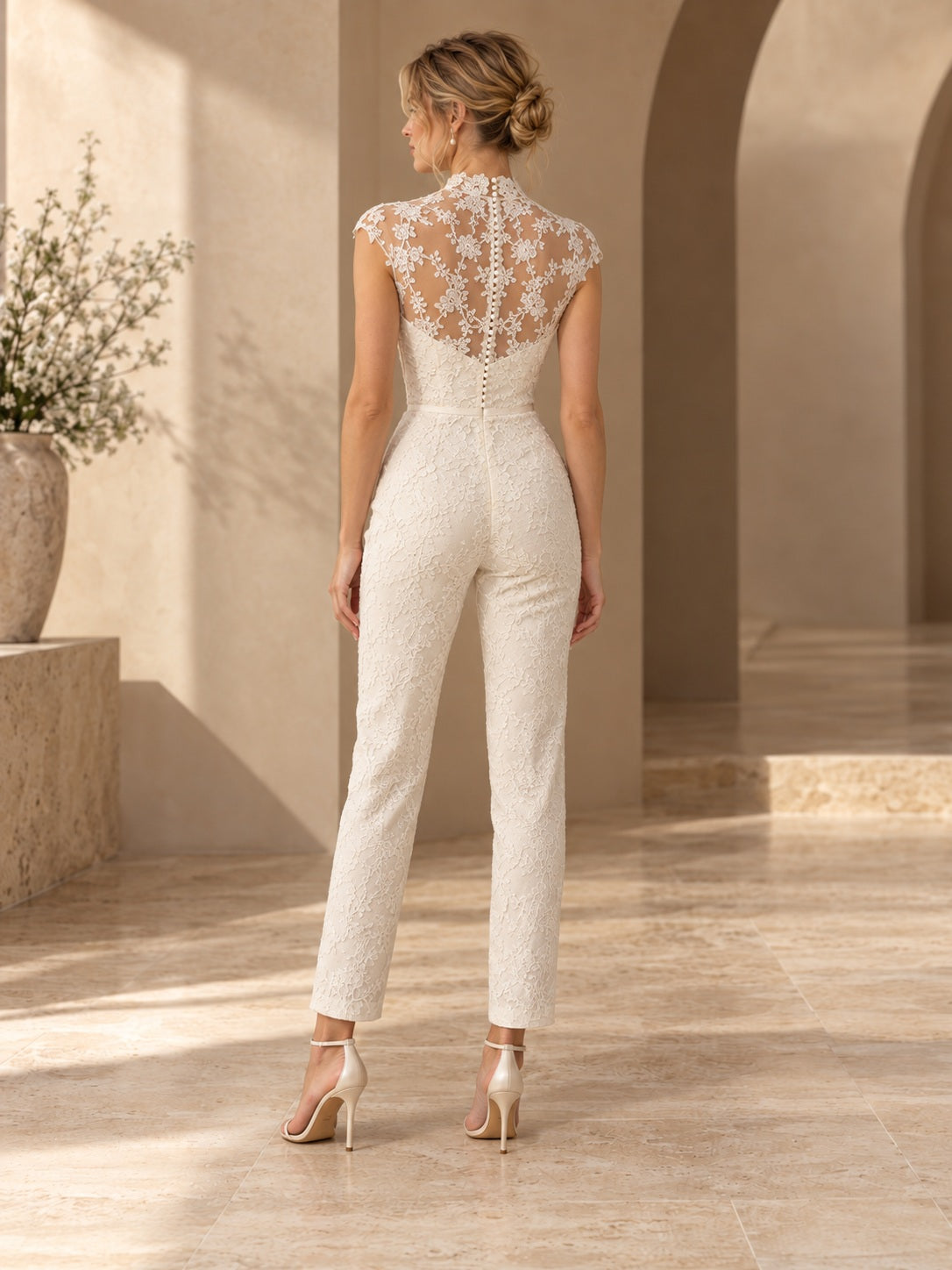 High Neck Floral Lace Cap Sleeve Slim Ankle Length Tailored Elegant Bridal Jumpsuit — image 2, style 375415