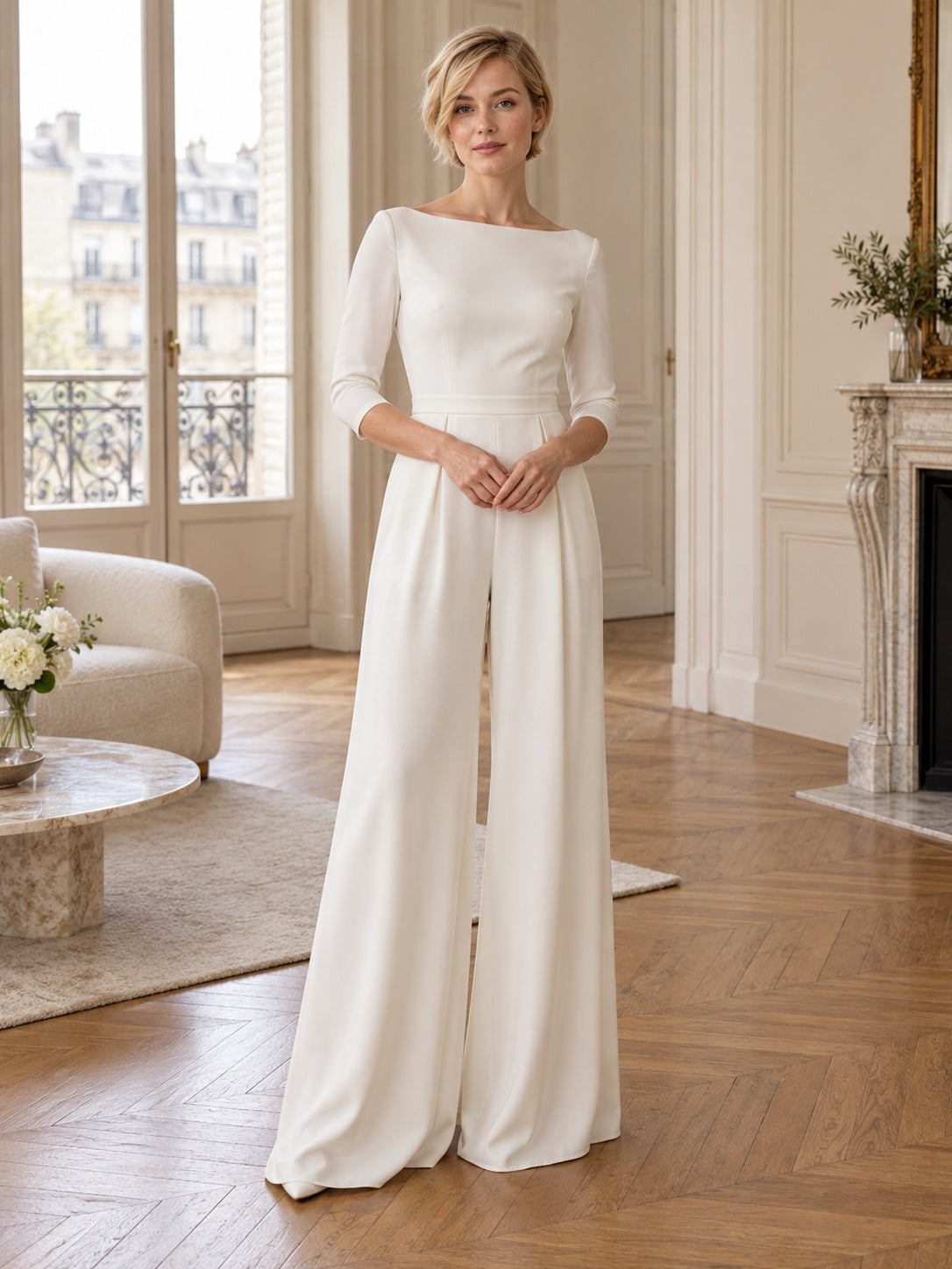Simple Modest Bateau Three Quarter Sleeve Wide Leg Floor Length Bridal Jumpsuit — image 1, style 375424