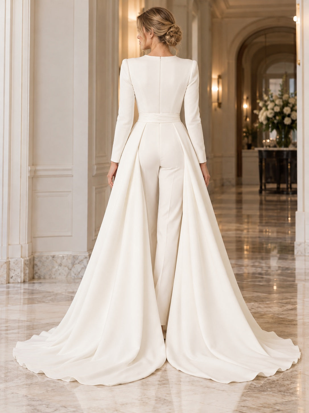 Simple Modest Long Sleeve Bateau Fitted Trailing Overskirt Tailored Elegant Bridal Jumpsuit — image 2, style 375446