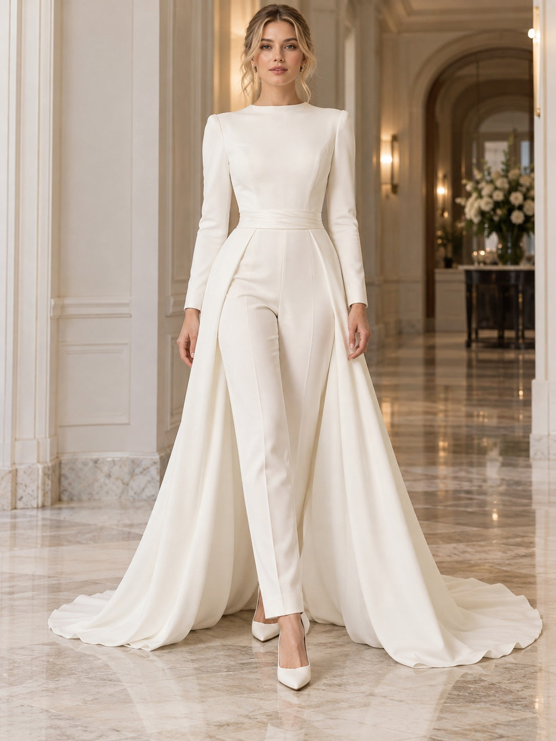 Simple Modest Long Sleeve Bateau Fitted Trailing Overskirt Tailored Elegant Bridal Jumpsuit — image 1, style 375446