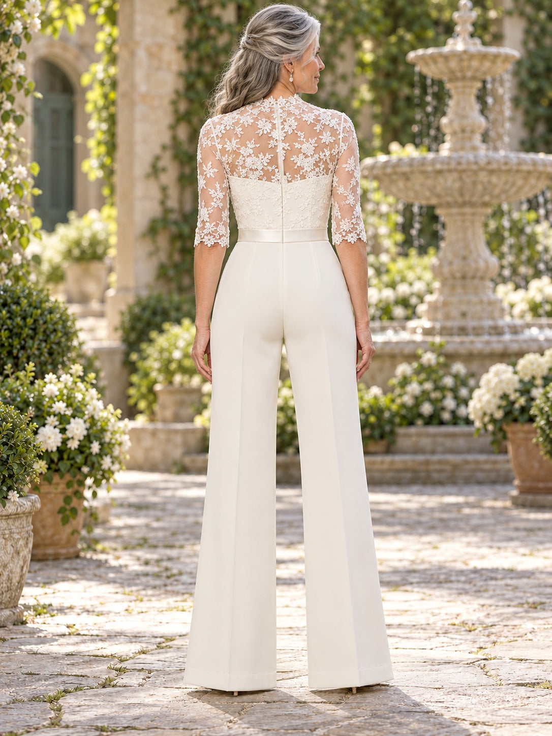 High Neck Floral Lace Illusion Elbow Sleeve Tailored Bridal Jumpsuit for Older Brides — image 2, style 375448