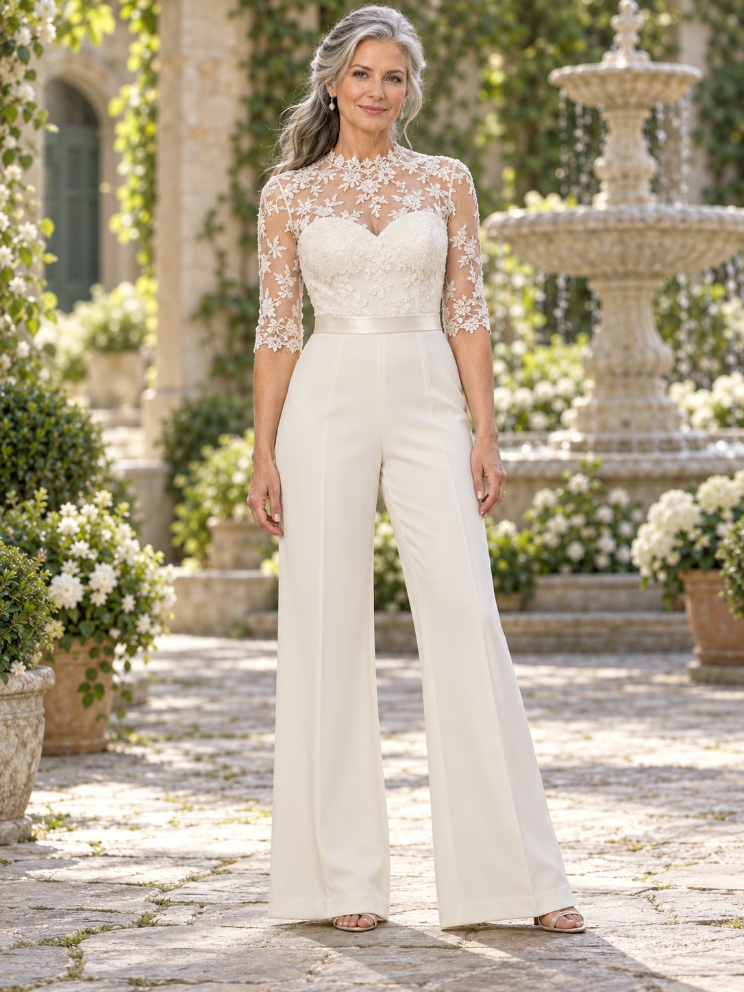 High Neck Floral Lace Illusion Elbow Sleeve Tailored Bridal Jumpsuit for Older Brides — image 1, style 375448