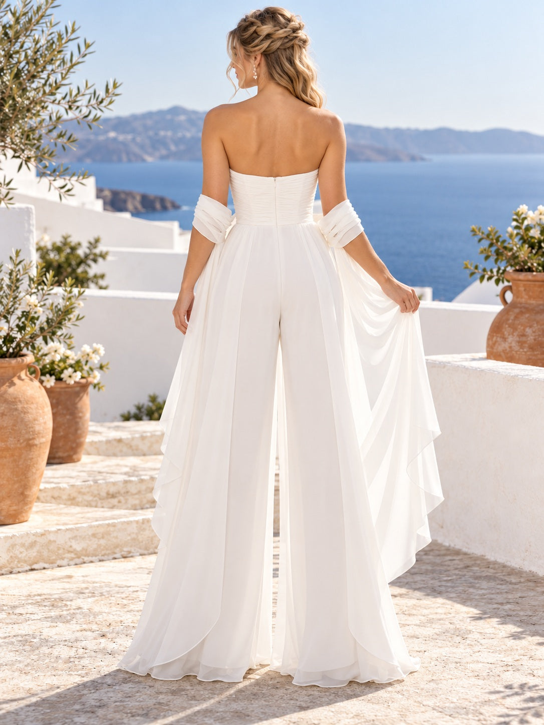 Combinaison de mariée romantique simple d'été bustier cœur en mousseline plissée drapée à jambes larges