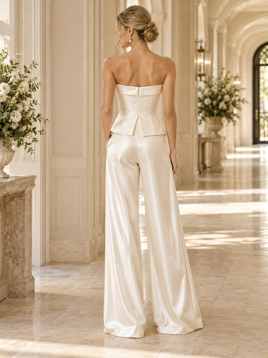 Simple Strapless Folded Satin Fitted Peplum Wide Leg Floor Length Bridal Jumpsuit — image 2, style 375490