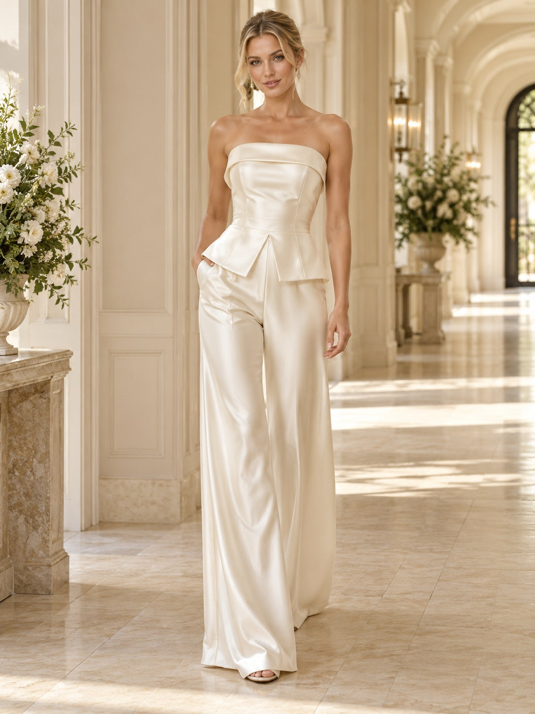 Simple Strapless Folded Satin Fitted Peplum Wide Leg Floor Length Bridal Jumpsuit — image 1, style 375490