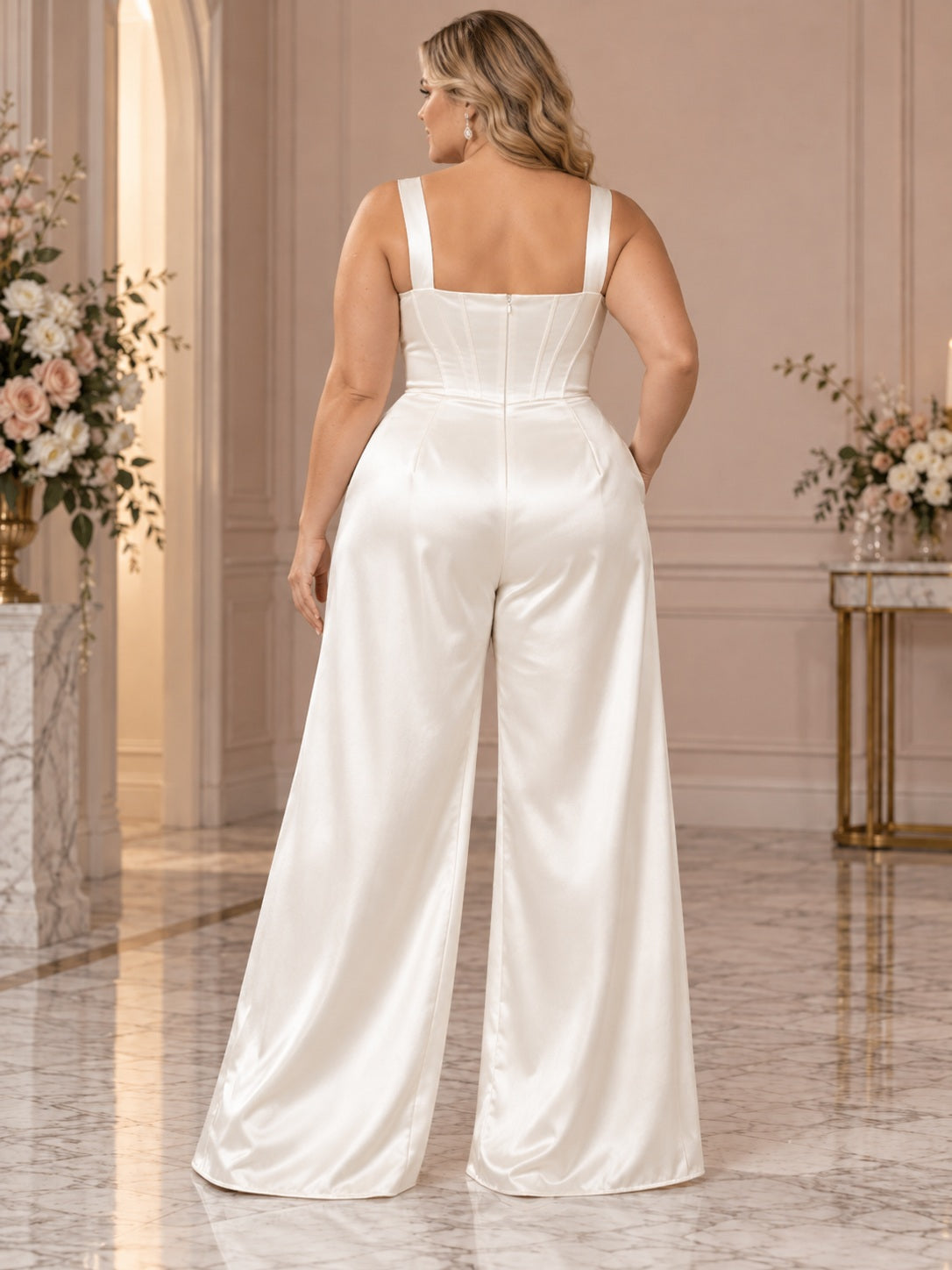 Plus Size Simple Square Neck Satin Straps Pleated Wide Leg Tailored Bridal Jumpsuit — image 2, style 375511